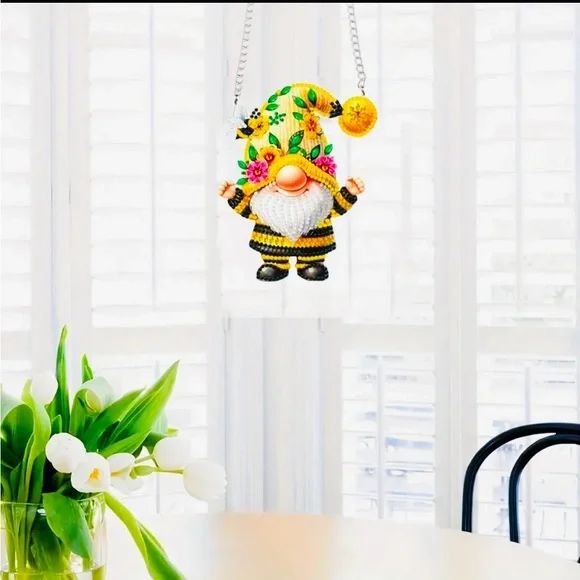 Gnome Hanging Wall Decor Yellow/Black Hand Crafted Sealed Diamond Art 5.9x4.7” - Picture 2 of 3